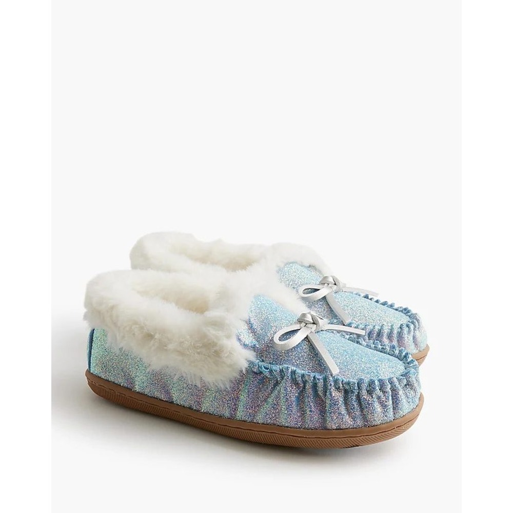 J.Crew Crewcuts Kids‎ Glitter Slippers Size K12 Blue White Faux Fur NEW!